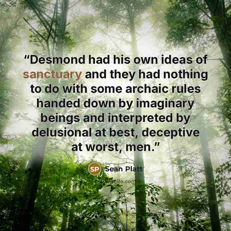 “Desmond had his own ideas of sanctuary and they had nothing to do with some archaic rules handed down by imaginary beings and interpreted by delusional at best, deceptive at worst, men.” quote by Sean Platt