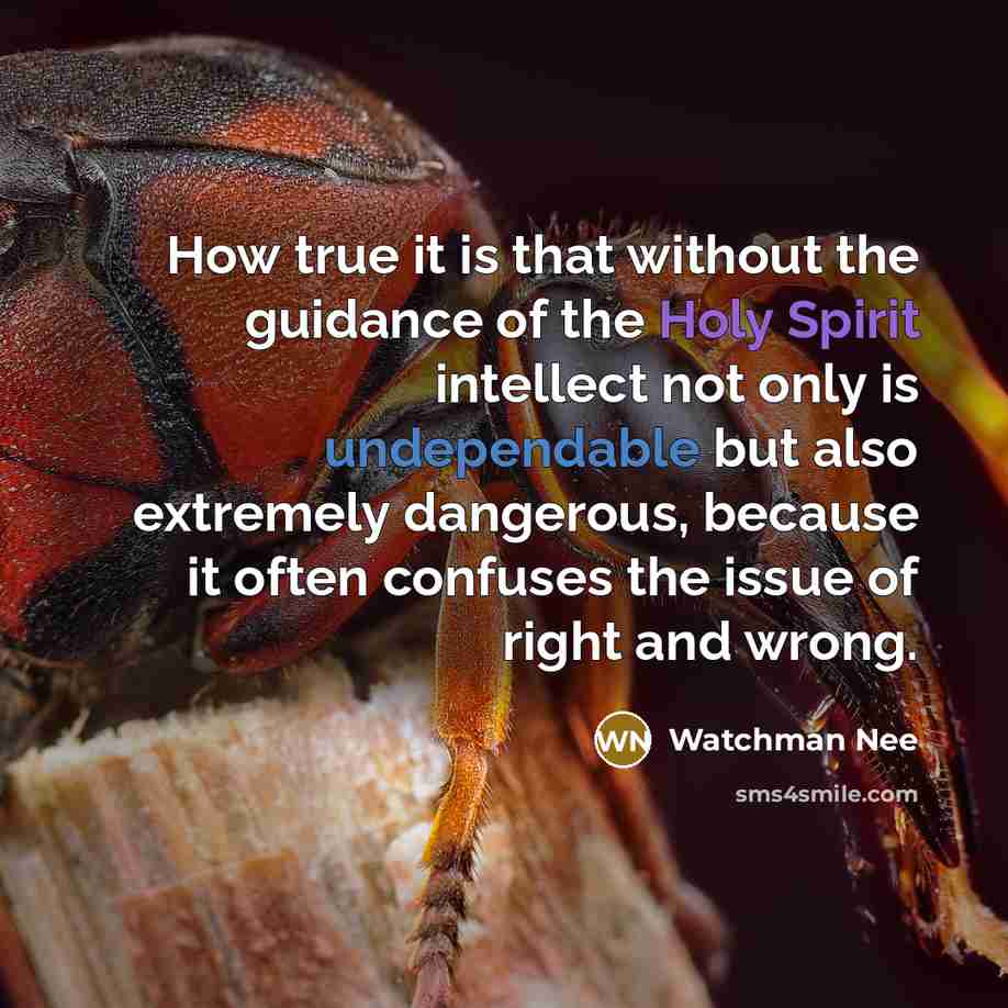 “How true it is that without the guidance of the Holy Spirit intellect not only is undependable but also extremely dangerous, because it often confuses the issue of right and wrong.” quote by Watchman Nee