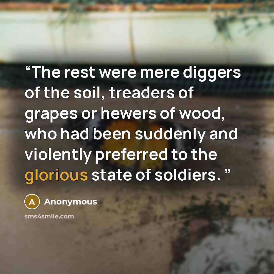 “The rest were mere diggers of the soil, treaders of grapes or hewers of wood, who had been suddenly and violently preferred to the glorious state of soldiers.” quote by Anonymous