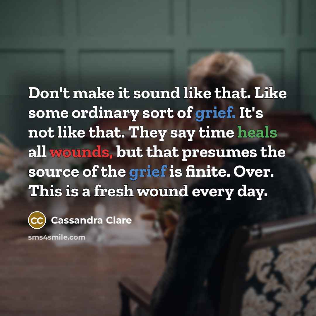 “Don't make it sound like that. Like some ordinary sort of grief. It's not like that. They say time heals all wounds, but that presumes the source of the grief is finite. Over. This is a fresh wound every day.” quote by Cassandra Clare