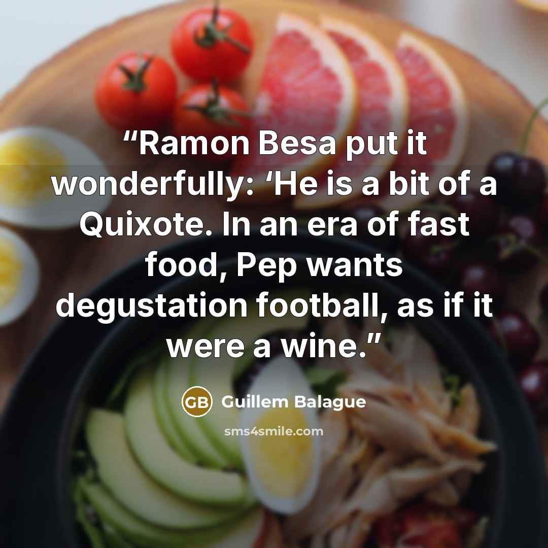 “Ramon Besa put it wonderfully: ‘He is a bit of a Quixote. In an era of fast food, Pep wants degustation football, as if it were a wine.” quote by Guillem Balague