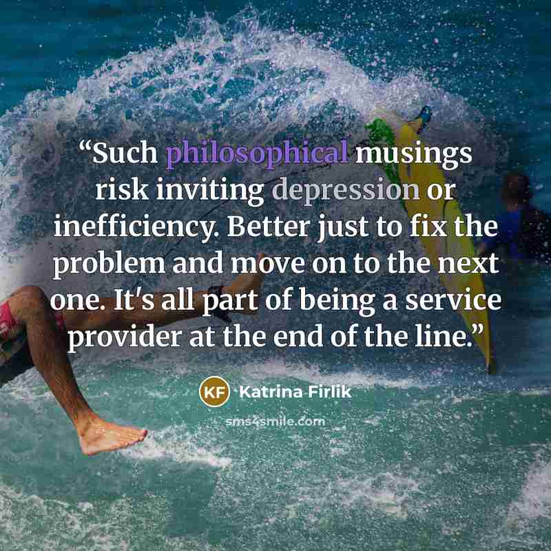 “Such philosophical musings risk inviting depression or inefficiency. Better just to fix the problem and move on to the next one. It's all part of being a service provider at the end of the line.” quote by Katrina Firlik