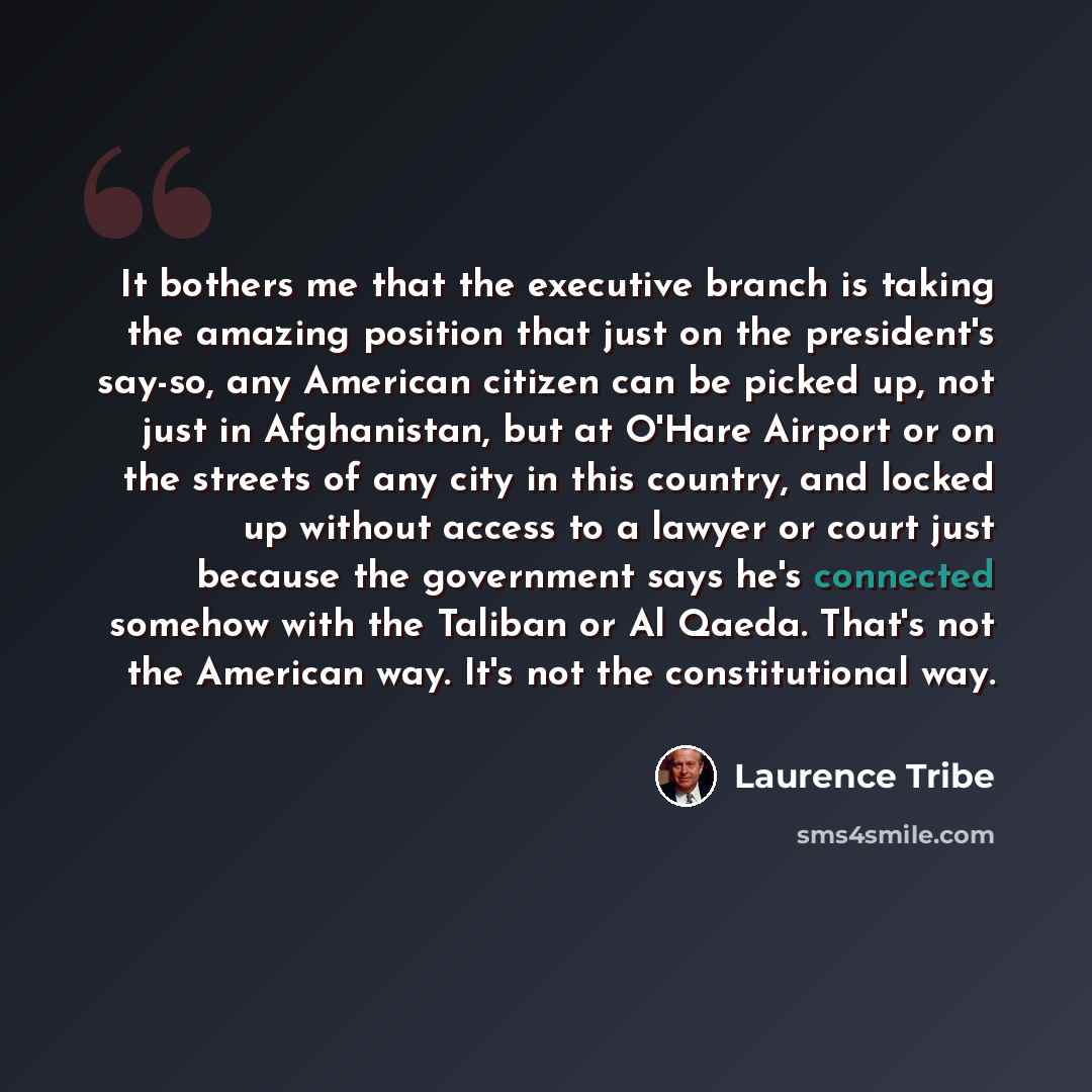 “It bothers me that the executive branch is taking the amazing position that just on the president's say-so, any American citizen can be picked up, not just in Afghanistan, but at O'Hare Airport or on the streets of any city in this country, and locked up without access to a lawyer or court just…” quote by Laurence Tribe