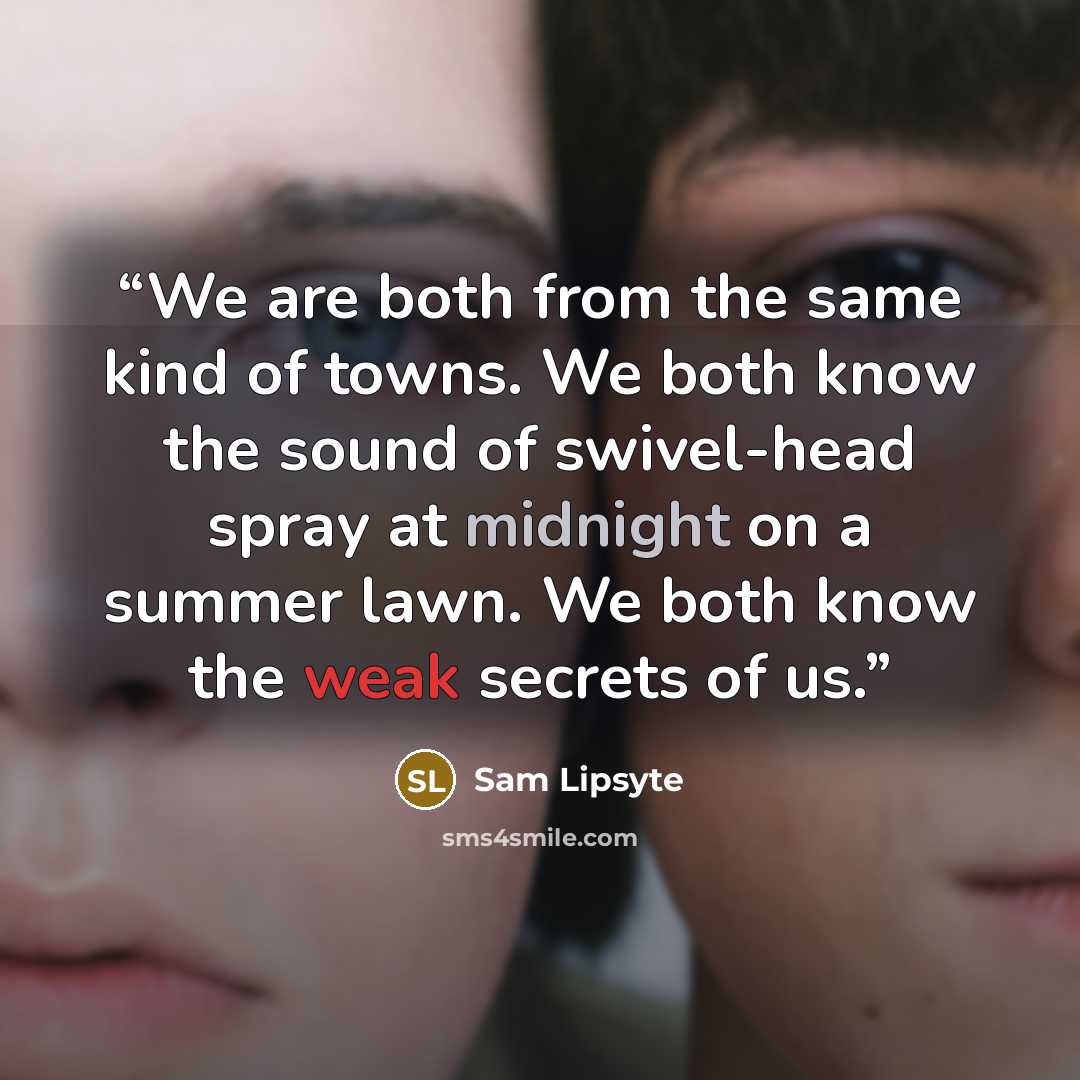 “We are both from the same kind of towns. We both know the sound of swivel-head spray at midnight on a summer lawn. We both know the weak secrets of us.” quote by Sam Lipsyte