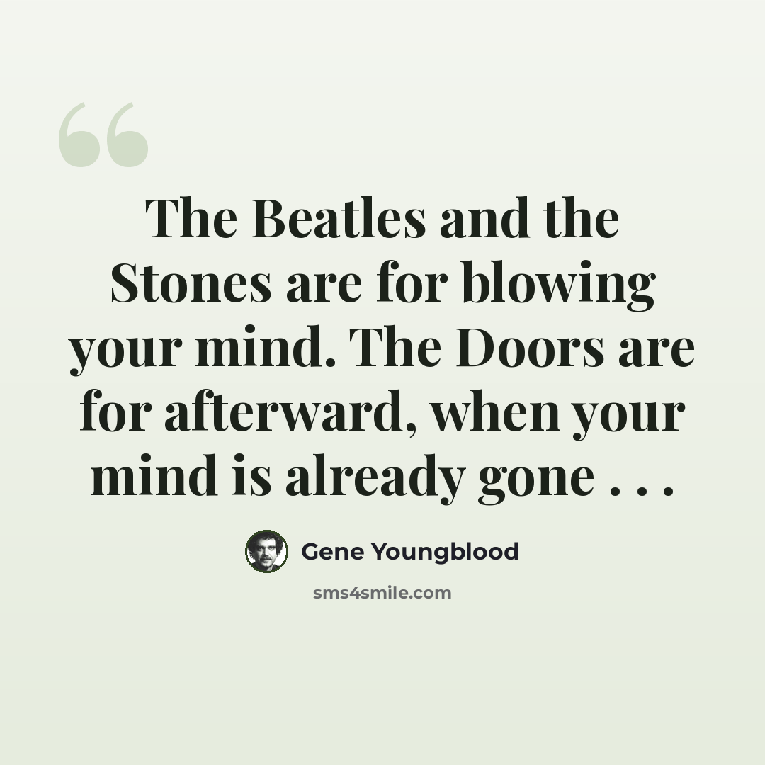 “The Beatles and the Stones are for blowing your mind. The Doors are for afterward, when your mind is already gone . . .” quote by Gene Youngblood