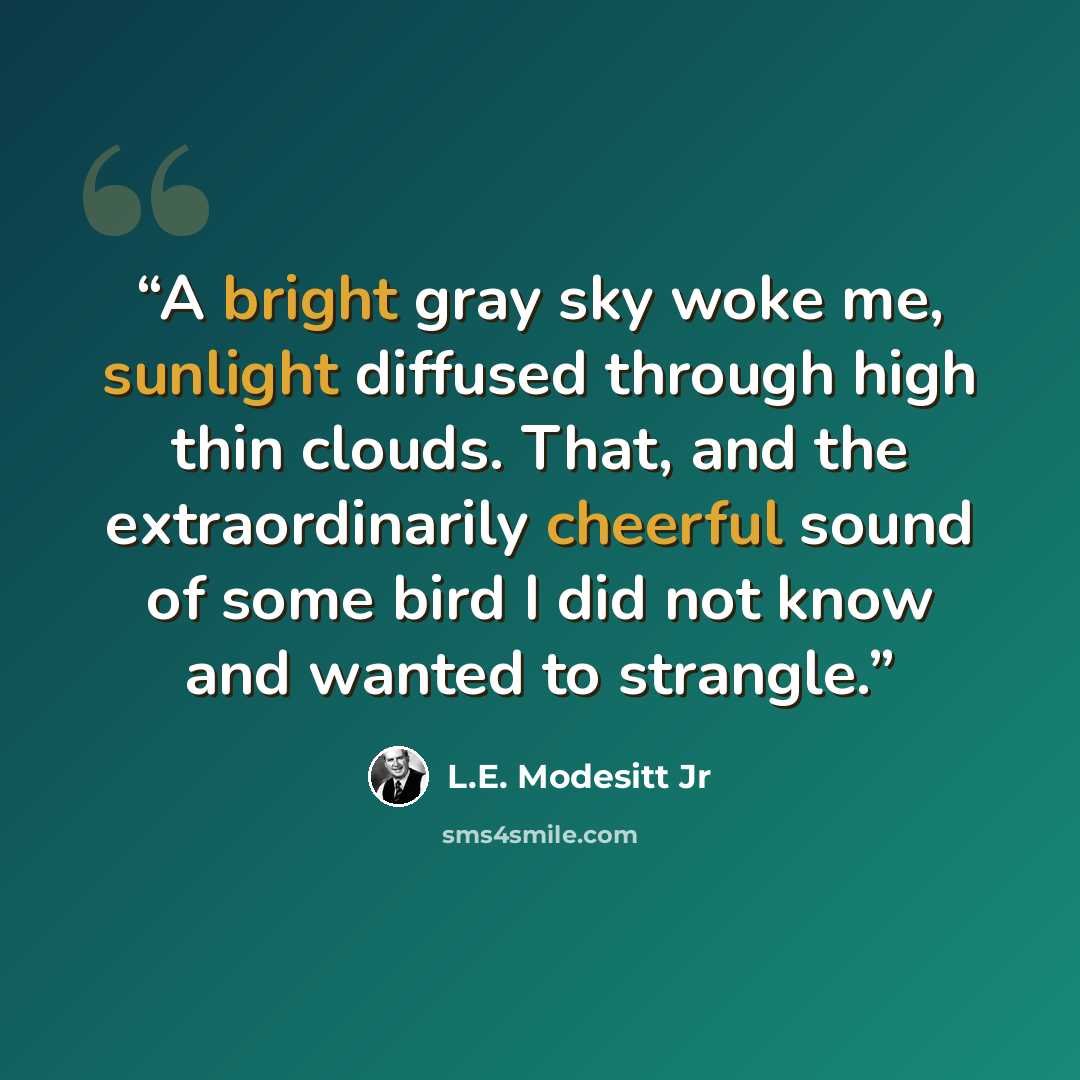 “A bright gray sky woke me, sunlight diffused through high thin clouds. That, and the extraordinarily cheerful sound of some bird I did not know and wanted to strangle.” quote by L.E. Modesitt Jr