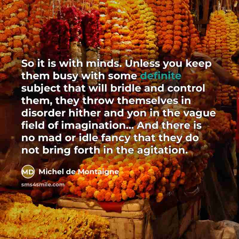 “So it is with minds. Unless you keep them busy with some definite subject that will bridle and control them, they throw themselves in disorder hither and yon in the vague field of imagination... And there is no mad or idle fancy that they do not bring forth in the agitation.” quote by Michel de Montaigne