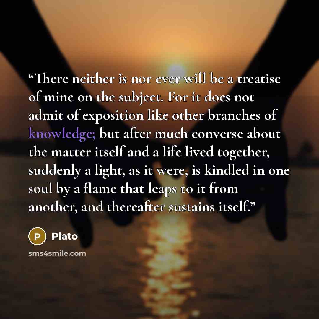 “There neither is nor ever will be a treatise of mine on the subject. For it does not admit of exposition like other branches of knowledge; but after much converse about the matter itself and a life lived together, suddenly a light, as it were, is kindled in one soul by a flame that leaps to it…” quote by Plato