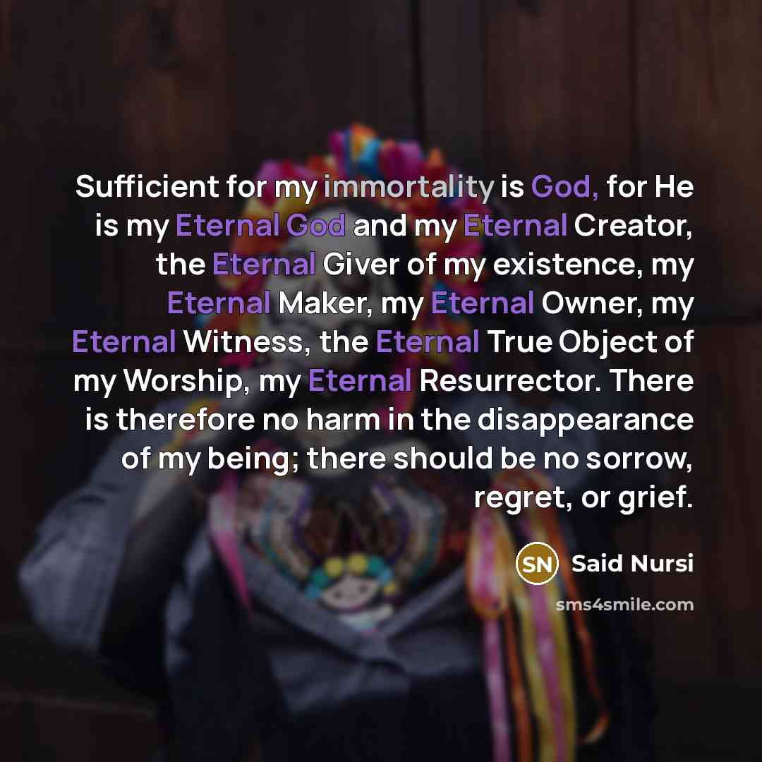 “Sufficient for my immortality is God, for He is my Eternal God and my Eternal Creator, the Eternal Giver of my existence, my Eternal Maker, my Eternal Owner, my Eternal Witness, the Eternal True Object of my Worship, my Eternal Resurrector. There is therefore no harm in the disappearance of my…” quote by Said Nursi