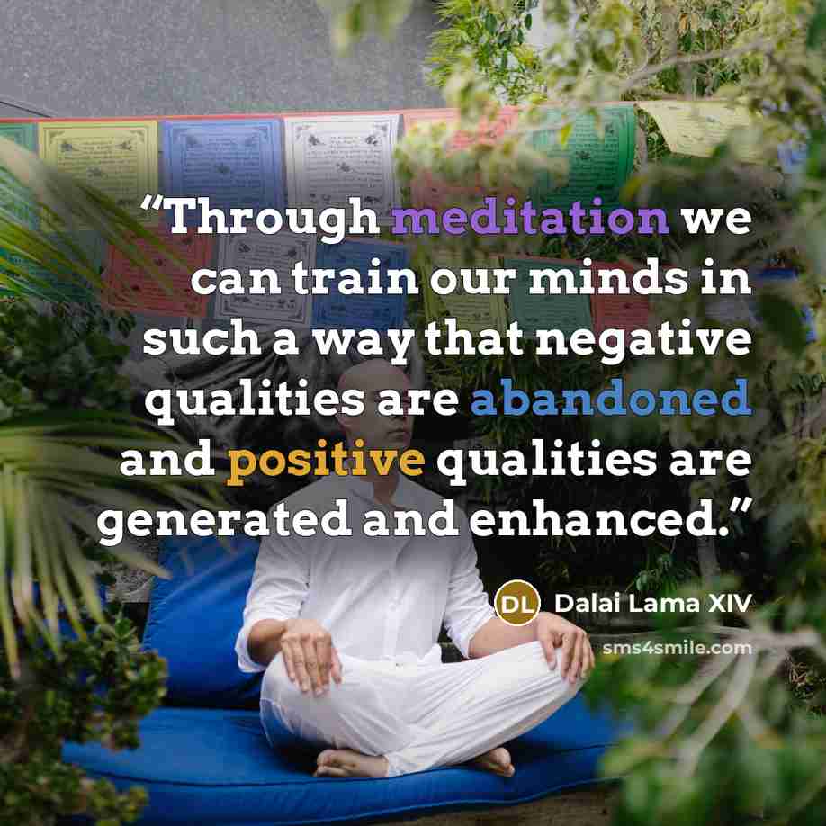 “Through meditation we can train our minds in such a way that negative qualities are abandoned and positive qualities are generated and enhanced.” quote by Dalai Lama XIV