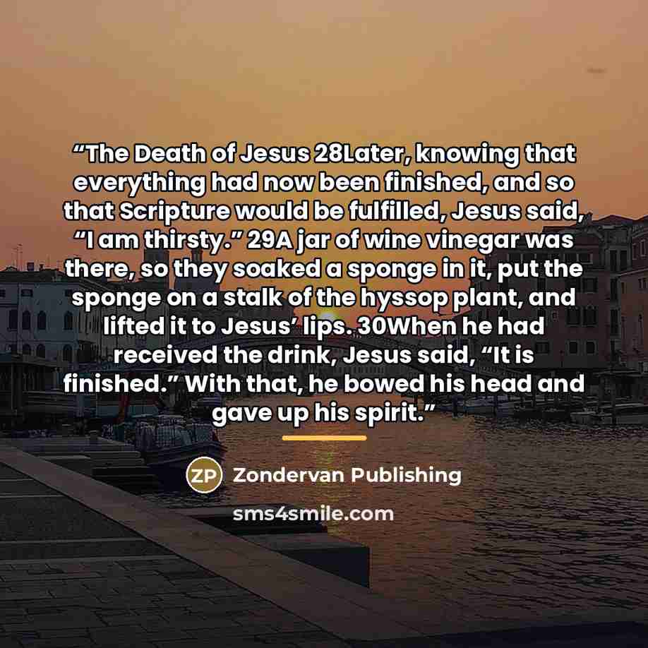 “The Death of Jesus 28Later, knowing that everything had now been finished, and so that Scripture would be fulfilled, Jesus said, “I am thirsty.” 29A jar of wine vinegar was there, so they soaked a sponge in it, put the sponge on a stalk of the hyssop plant, and lifted it to Jesus’ lips. 30When he…” quote by Zondervan Publishing