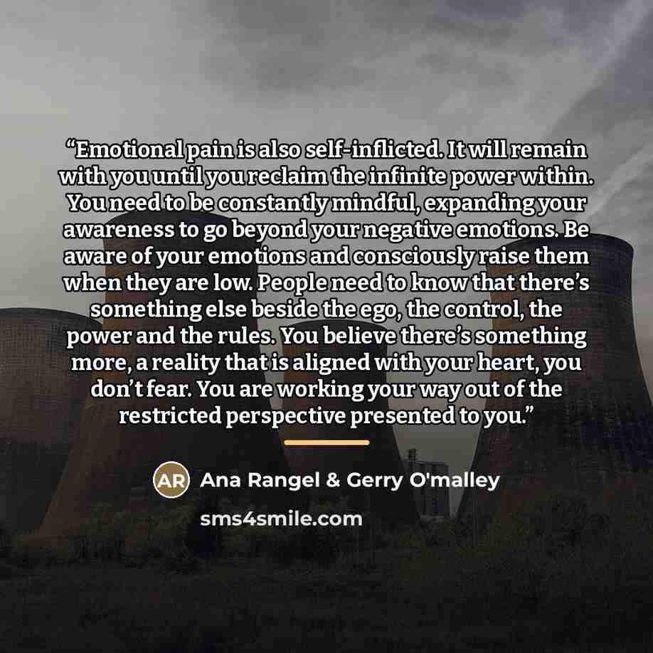 “Emotional pain is also self-inflicted. It will remain with you until you reclaim the infinite power within. You need to be constantly mindful, expanding your awareness to go beyond your negative emotions. Be aware of your emotions and consciously raise them when they are low. People need to know…” quote by Ana Rangel & Gerry O'malley