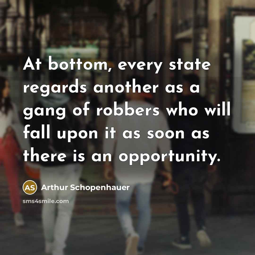 “At bottom, every state regards another as a gang of robbers who will fall upon it as soon as there is an opportunity.” quote by Arthur Schopenhauer
