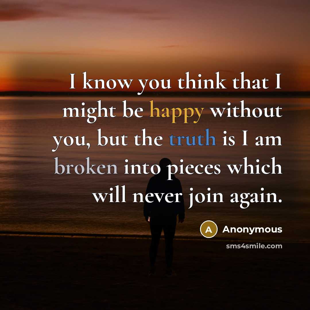 “I know you think that I might be happy without you, but the truth is I am broken into pieces which will never join again.” quote by Anonymous