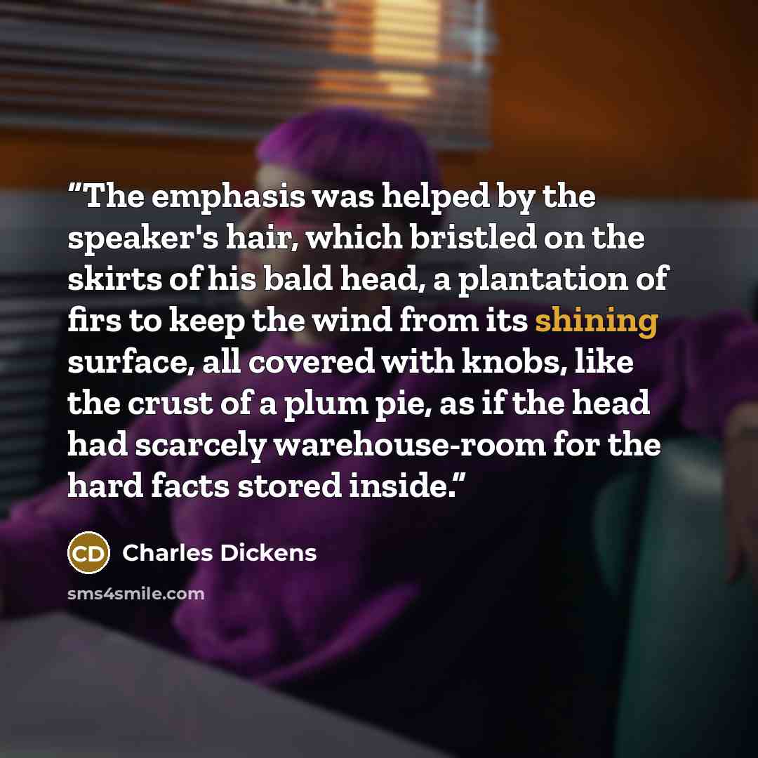 “The emphasis was helped by the speaker's hair, which bristled on the skirts of his bald head, a plantation of firs to keep the wind from its shining surface, all covered with knobs, like the crust of a plum pie, as if the head had scarcely warehouse-room for the hard facts stored inside.” quote by Charles Dickens