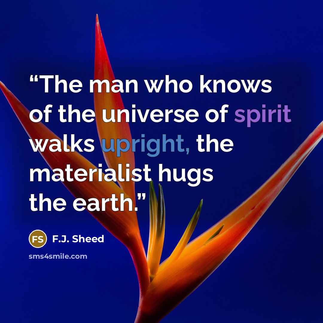 “The man who knows of the universe of spirit walks upright, the materialist hugs the earth.” quote by F.J. Sheed