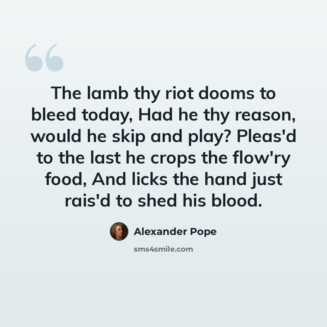 “The lamb thy riot dooms to bleed today, Had he thy reason, would he skip and play? Pleas'd to the last he crops the flow'ry food, And licks the hand just rais'd to shed his blood.” quote by Alexander Pope
