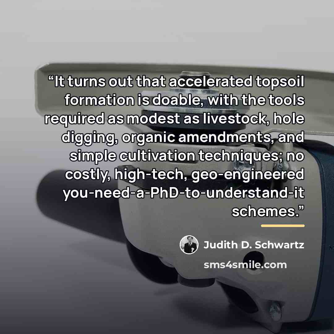 “It turns out that accelerated topsoil formation is doable, with the tools required as modest as livestock, hole digging, organic amendments, and simple cultivation techniques; no costly, high-tech, geo-engineered you-need-a-PhD-to-understand-it schemes.” quote by Judith D. Schwartz