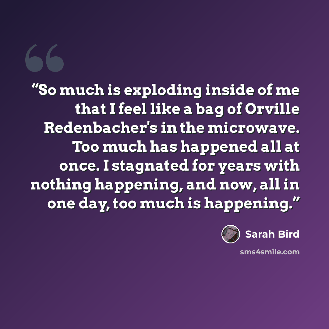 “So much is exploding inside of me that I feel like a bag of Orville Redenbacher's in the microwave. Too much has happened all at once. I stagnated for years with nothing happening, and now, all in one day, too much is happening.” quote by Sarah Bird