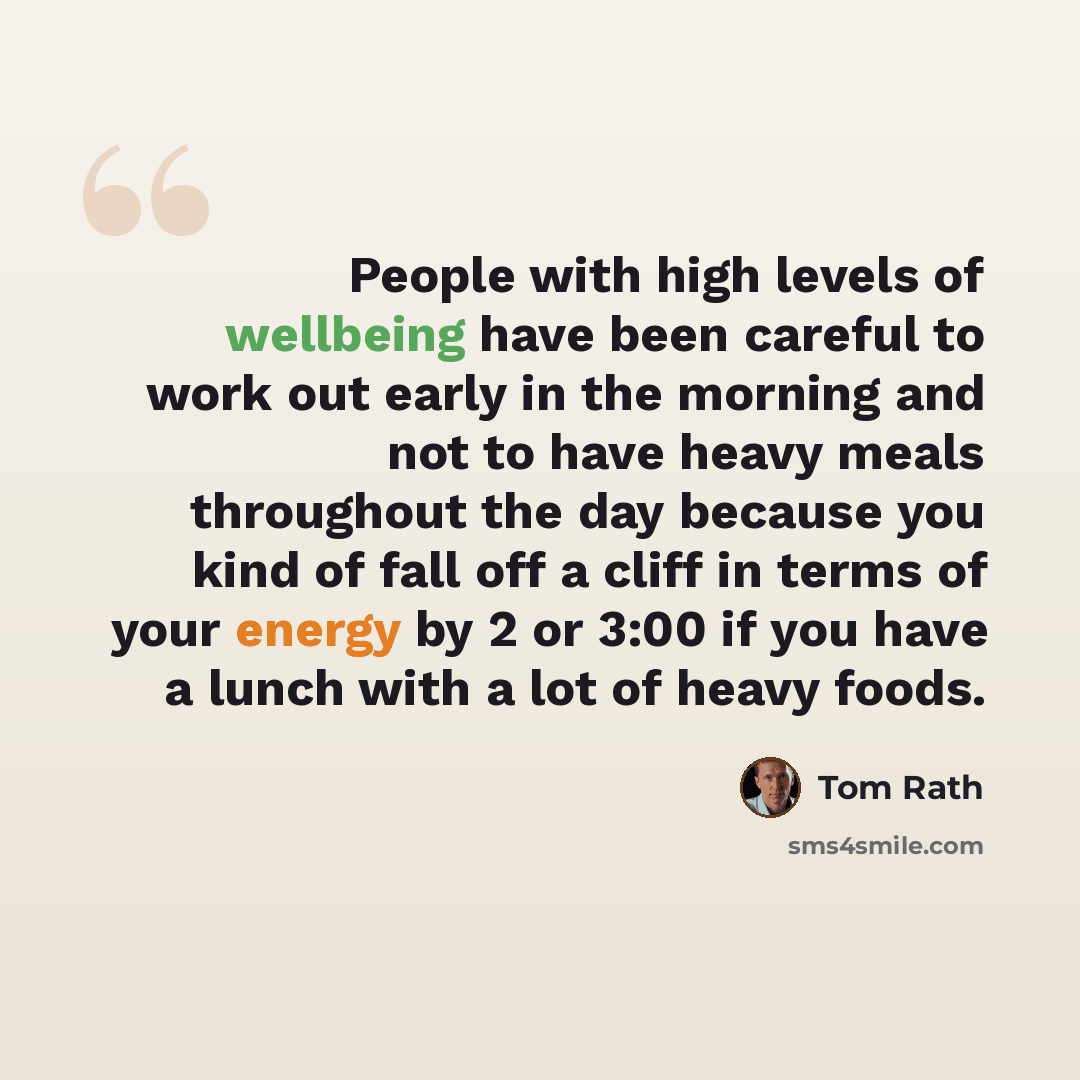 “People with high levels of wellbeing have been careful to work out early in the morning and not to have heavy meals throughout the day because you kind of fall off a cliff in terms of your energy by 2 or 3:00 if you have a lunch with a lot of heavy foods.” quote by Tom Rath