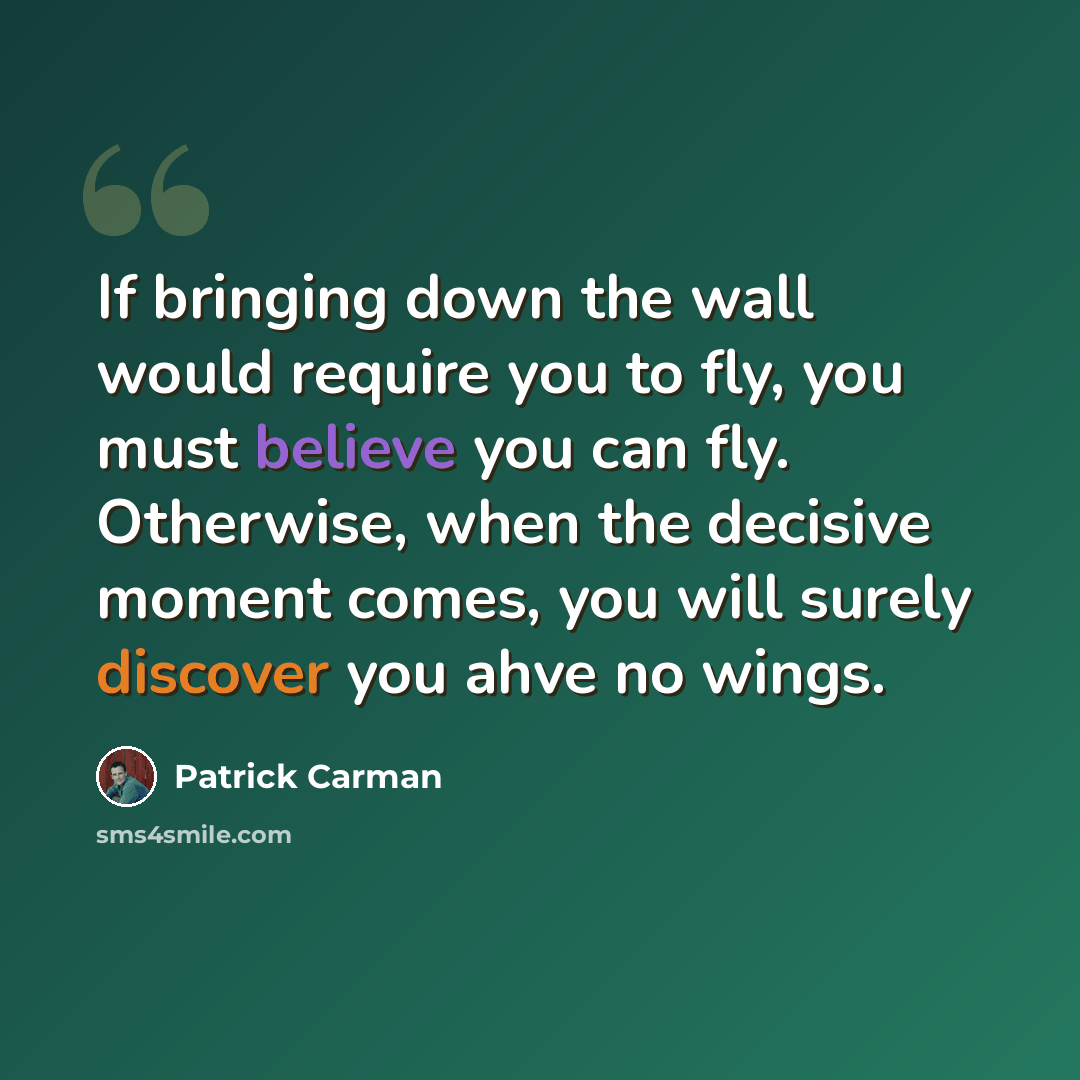 “If bringing down the wall would require you to fly, you must believe you can fly. Otherwise, when the decisive moment comes, you will surely discover you ahve no wings.” quote by Patrick Carman