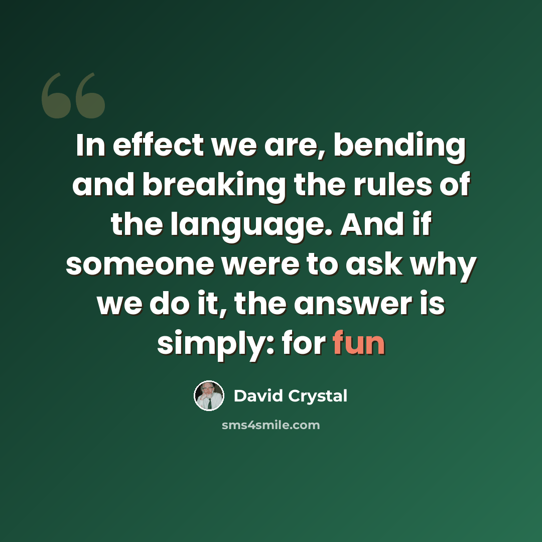 “In effect we are, bending and breaking the rules of the language. And if someone were to ask why we do it, the answer is simply: for fun” quote by David Crystal