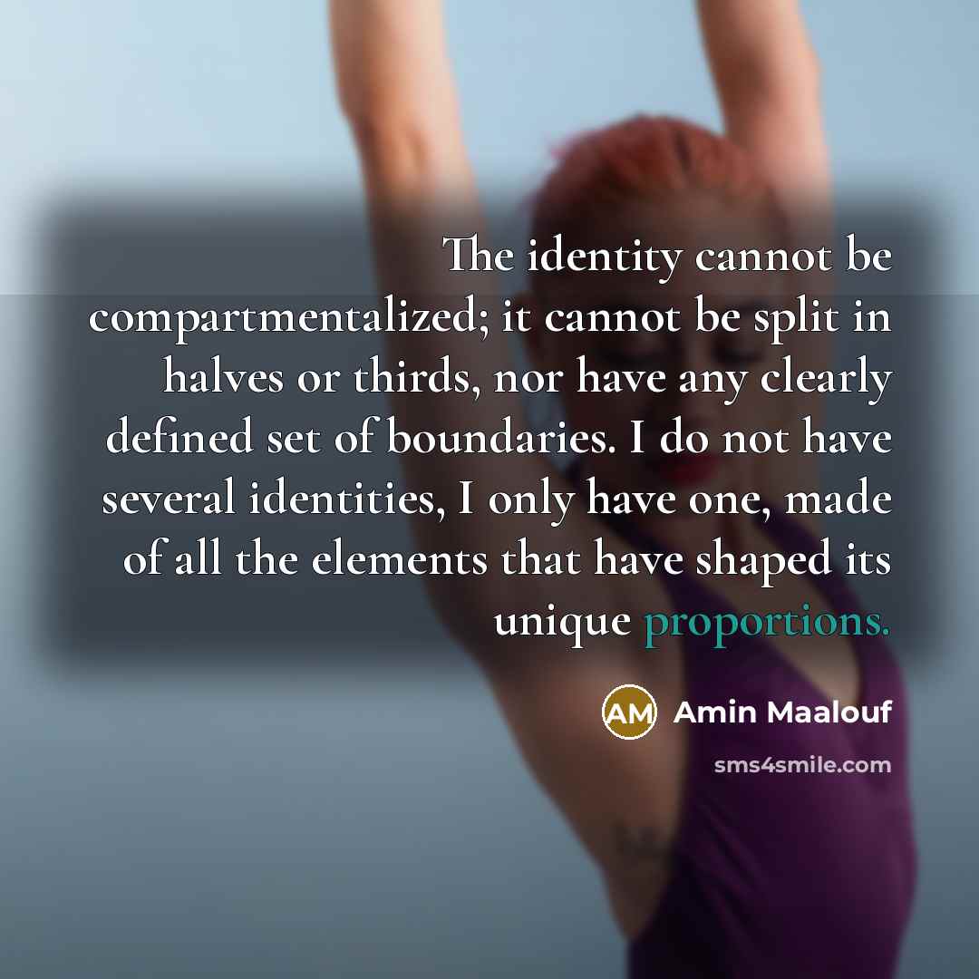 “The identity cannot be compartmentalized; it cannot be split in halves or thirds, nor have any clearly defined set of boundaries. I do not have several identities, I only have one, made of all the elements that have shaped its unique proportions.” quote by Amin Maalouf