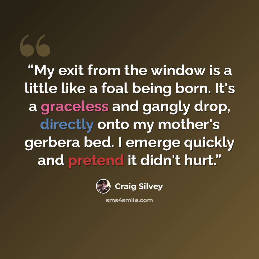 “My exit from the window is a little like a foal being born. It's a graceless and gangly drop, directly onto my mother's gerbera bed. I emerge quickly and pretend it didn't hurt.” quote by Craig Silvey