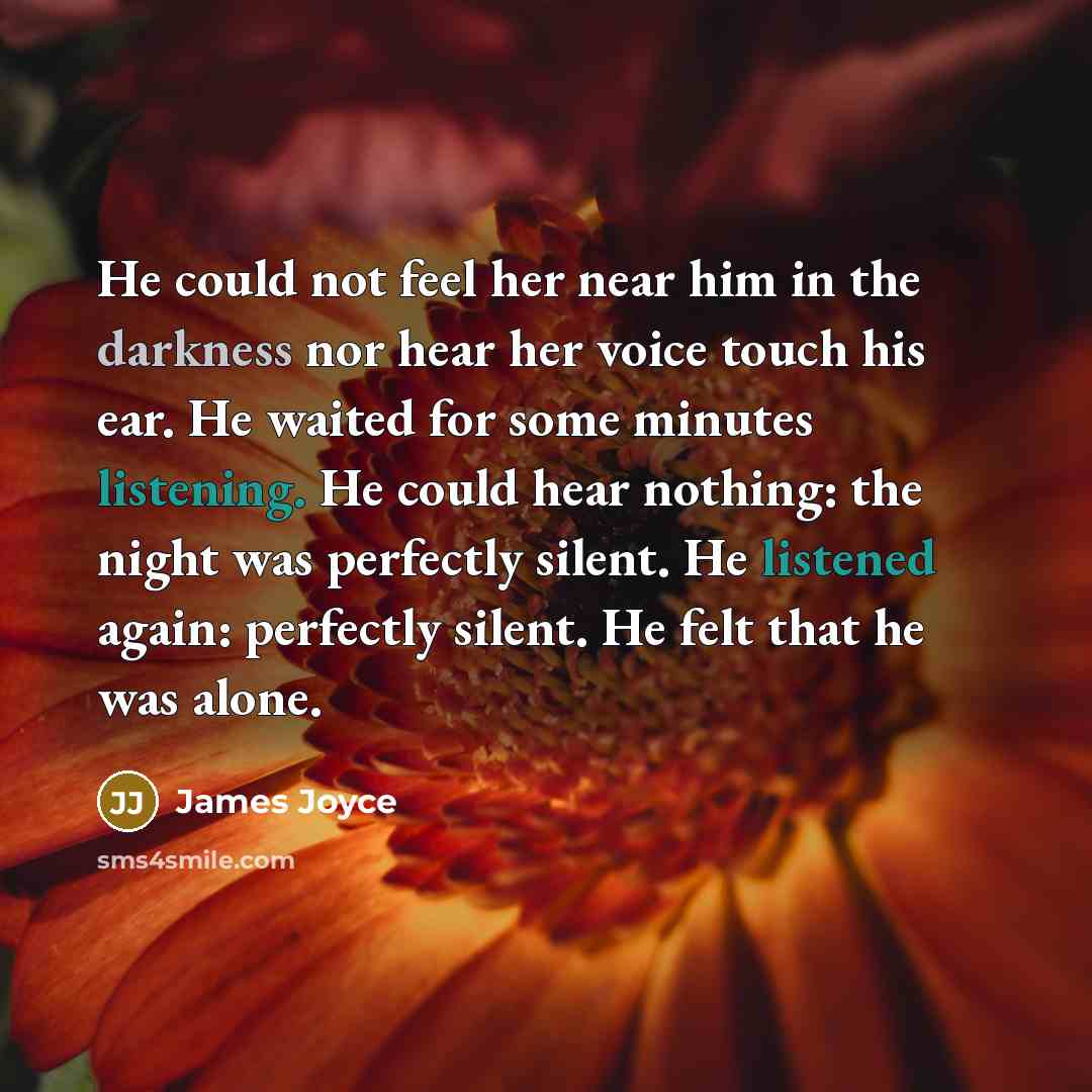 “He could not feel her near him in the darkness nor hear her voice touch his ear. He waited for some minutes listening. He could hear nothing: the night was perfectly silent. He listened again: perfectly silent. He felt that he was alone.” quote by James Joyce