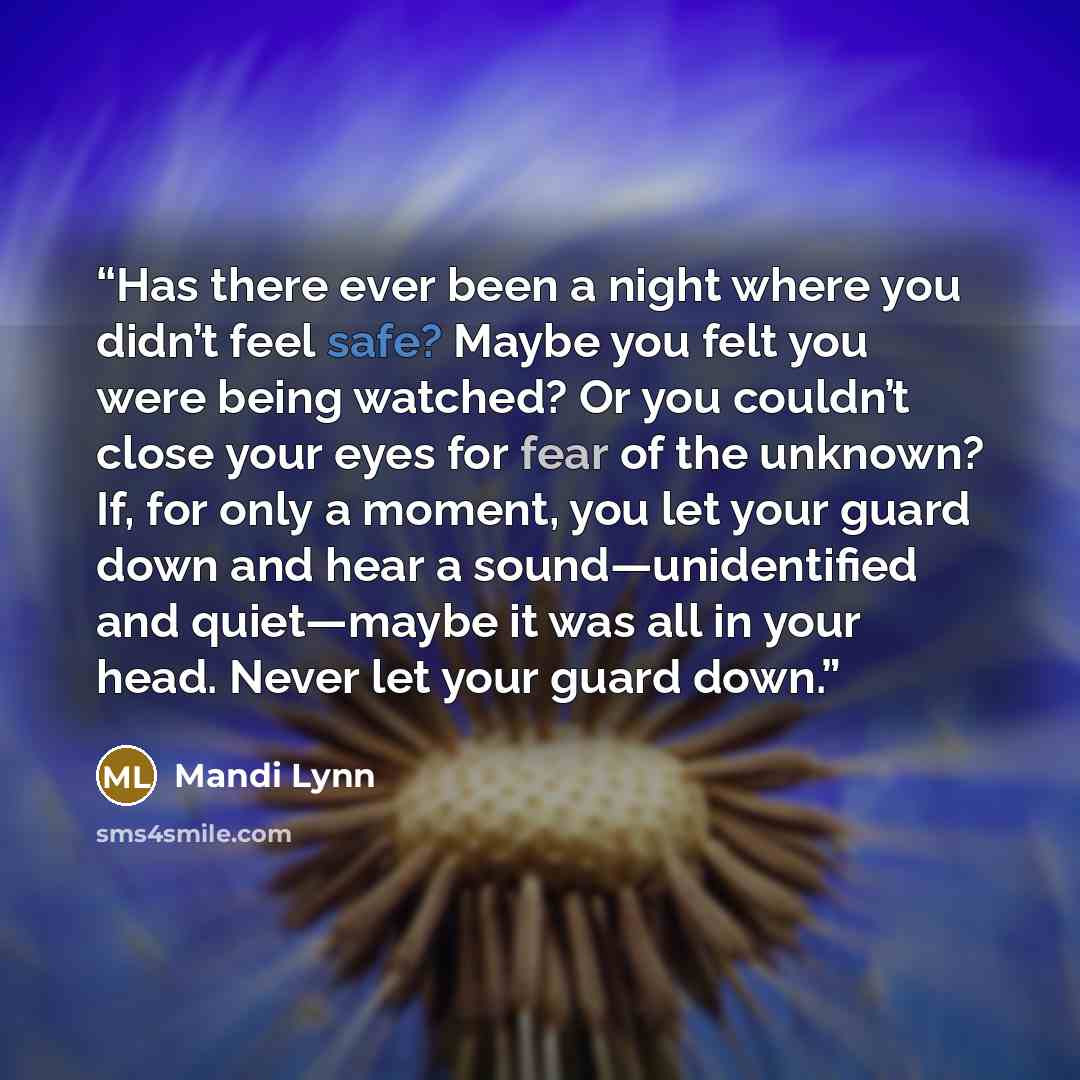 “Has there ever been a night where you didn’t feel safe? Maybe you felt you were being watched? Or you couldn’t close your eyes for fear of the unknown? If, for only a moment, you let your guard down and hear a sound—unidentified and quiet—maybe it was all in your head. Never let your guard down.” quote by Mandi Lynn