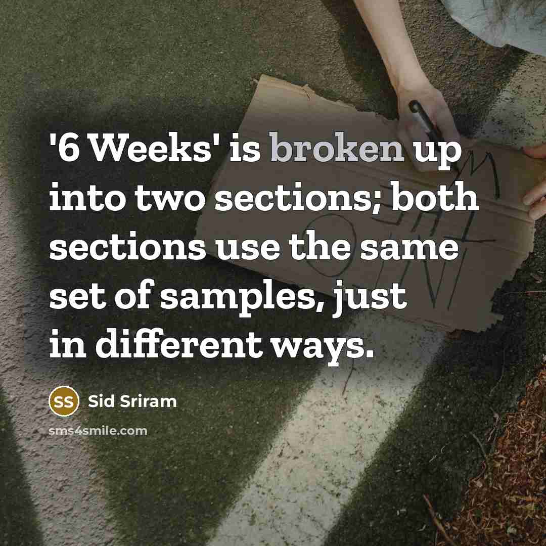 “'6 Weeks' is broken up into two sections; both sections use the same set of samples, just in different ways.” quote by Sid Sriram