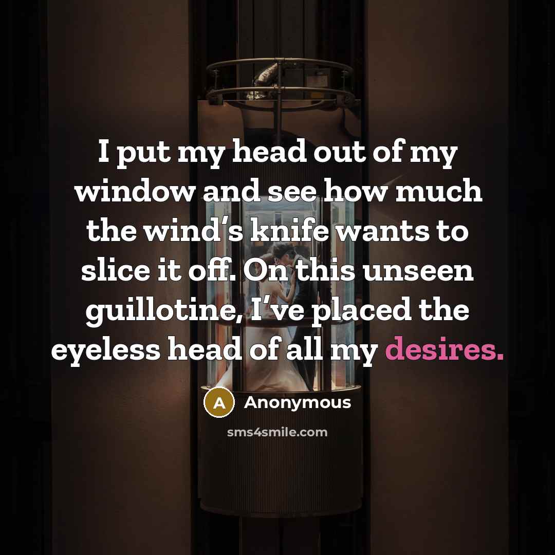 “I put my head out of my window and see how much the wind’s knife wants to slice it off. On this unseen guillotine, I’ve placed the eyeless head of all my desires.” quote by Anonymous