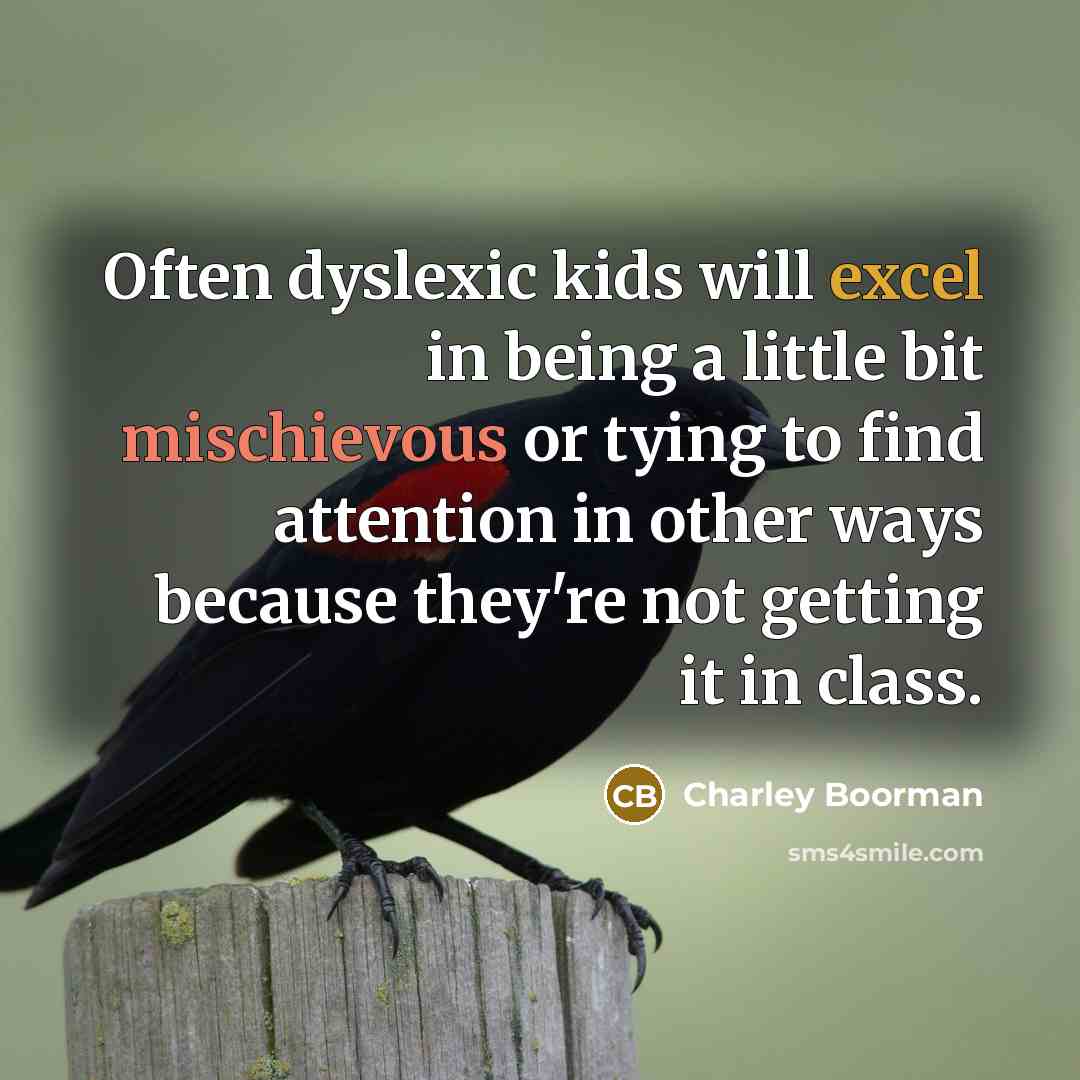 “Often dyslexic kids will excel in being a little bit mischievous or tying to find attention in other ways because they're not getting it in class.” quote by Charley Boorman