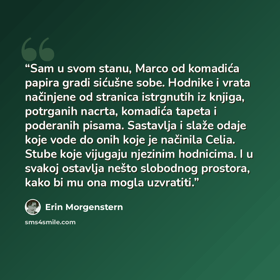 “Sam u svom stanu, Marco od komadića papira gradi sićušne sobe. Hodnike i vrata načinjene od stranica istrgnutih iz knjiga, potrganih nacrta, komadića tapeta i poderanih pisama. Sastavlja i slaže odaje koje vode do onih koje je načinila Celia. Stube koje vijugaju njezinim hodnicima. I u svakoj…” quote by Erin Morgenstern