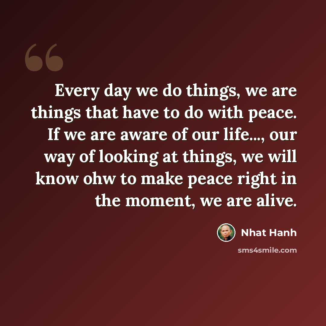“Every day we do things, we are things that have to do with peace. If we are aware of our life..., our way of looking at things, we will know ohw to make peace right in the moment, we are alive.” quote by Nhat Hanh
