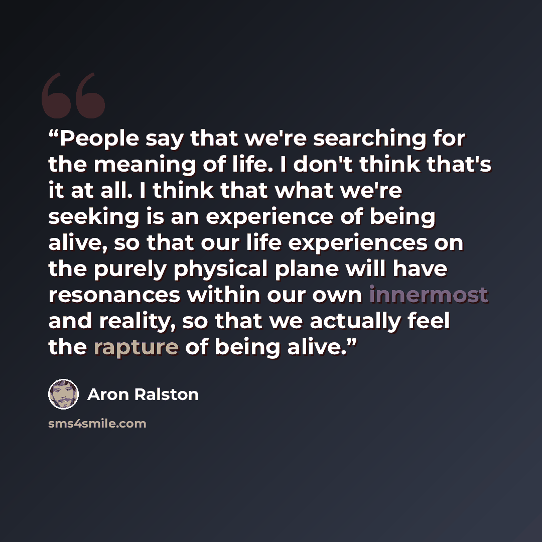 “People say that we're searching for the meaning of life. I don't think that's it at all. I think that what we're seeking is an experience of being alive, so that our life experiences on the purely physical plane will have resonances within our own innermost and reality, so that we actually feel…” quote by Aron Ralston