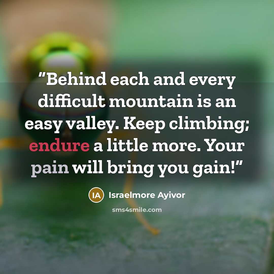 “Behind each and every difficult mountain is an easy valley. Keep climbing; endure a little more. Your pain will bring you gain!” quote by Israelmore Ayivor