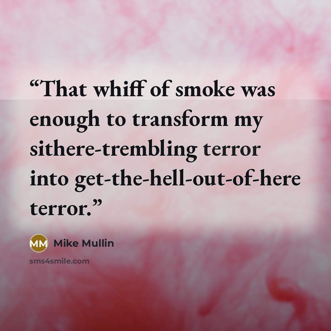 “That whiff of smoke was enough to transform my sithere-trembling terror into get-the-hell-out-of-here terror.” quote by Mike Mullin