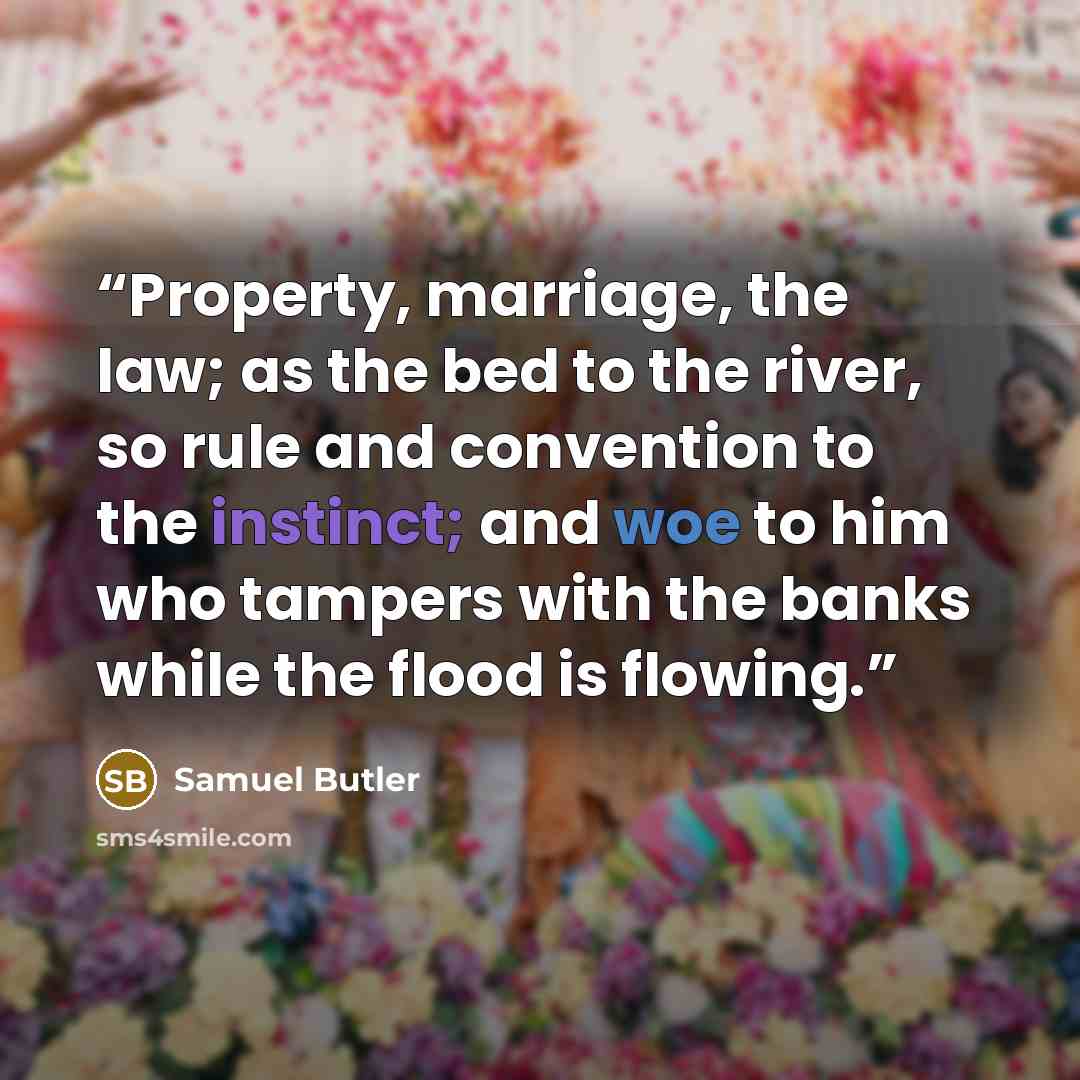 “Property, marriage, the law; as the bed to the river, so rule and convention to the instinct; and woe to him who tampers with the banks while the flood is flowing.” quote by Samuel Butler