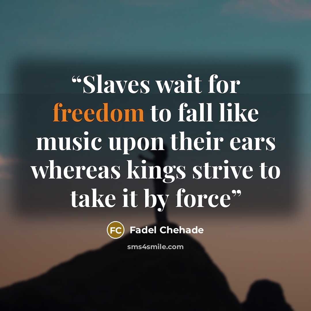 “Slaves wait for freedom to fall like music upon their ears whereas kings strive to take it by force” quote by Fadel Chehade