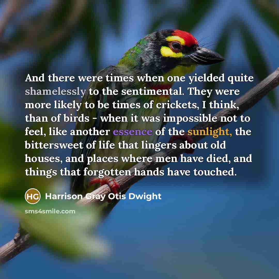 “And there were times when one yielded quite shamelessly to the sentimental. They were more likely to be times of crickets, I think, than of birds - when it was impossible not to feel, like another essence of the sunlight, the bittersweet of life that lingers about old houses, and places where men…” quote by Harrison Gray Otis Dwight