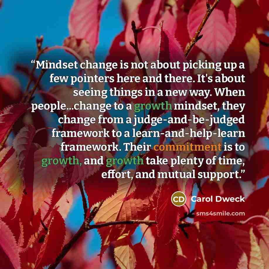 “Mindset change is not about picking up a few pointers here and there. It's about seeing things in a new way. When people...change to a growth mindset, they change from a judge-and-be-judged framework to a learn-and-help-learn framework. Their commitment is to growth, and growth take plenty of…” quote by Carol Dweck