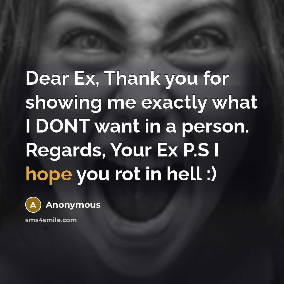 “Dear Ex, Thank you for showing me exactly what I DONT want in a person. Regards, Your Ex P.S I hope you rot in hell :)” quote by Anonymous
