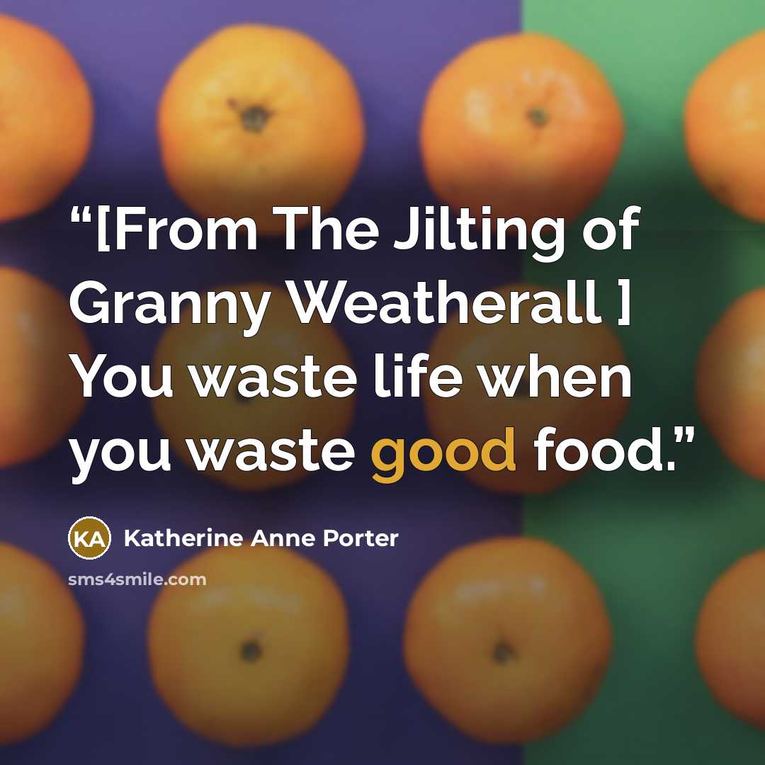 “[From The Jilting of Granny Weatherall ] You waste life when you waste good food.” quote by Katherine Anne Porter