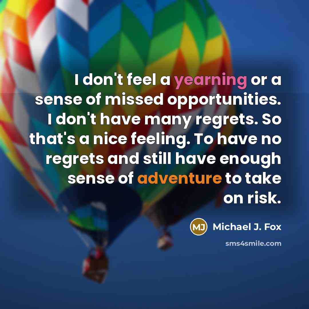 “I don't feel a yearning or a sense of missed opportunities. I don't have many regrets. So that's a nice feeling. To have no regrets and still have enough sense of adventure to take on risk.” quote by Michael J. Fox