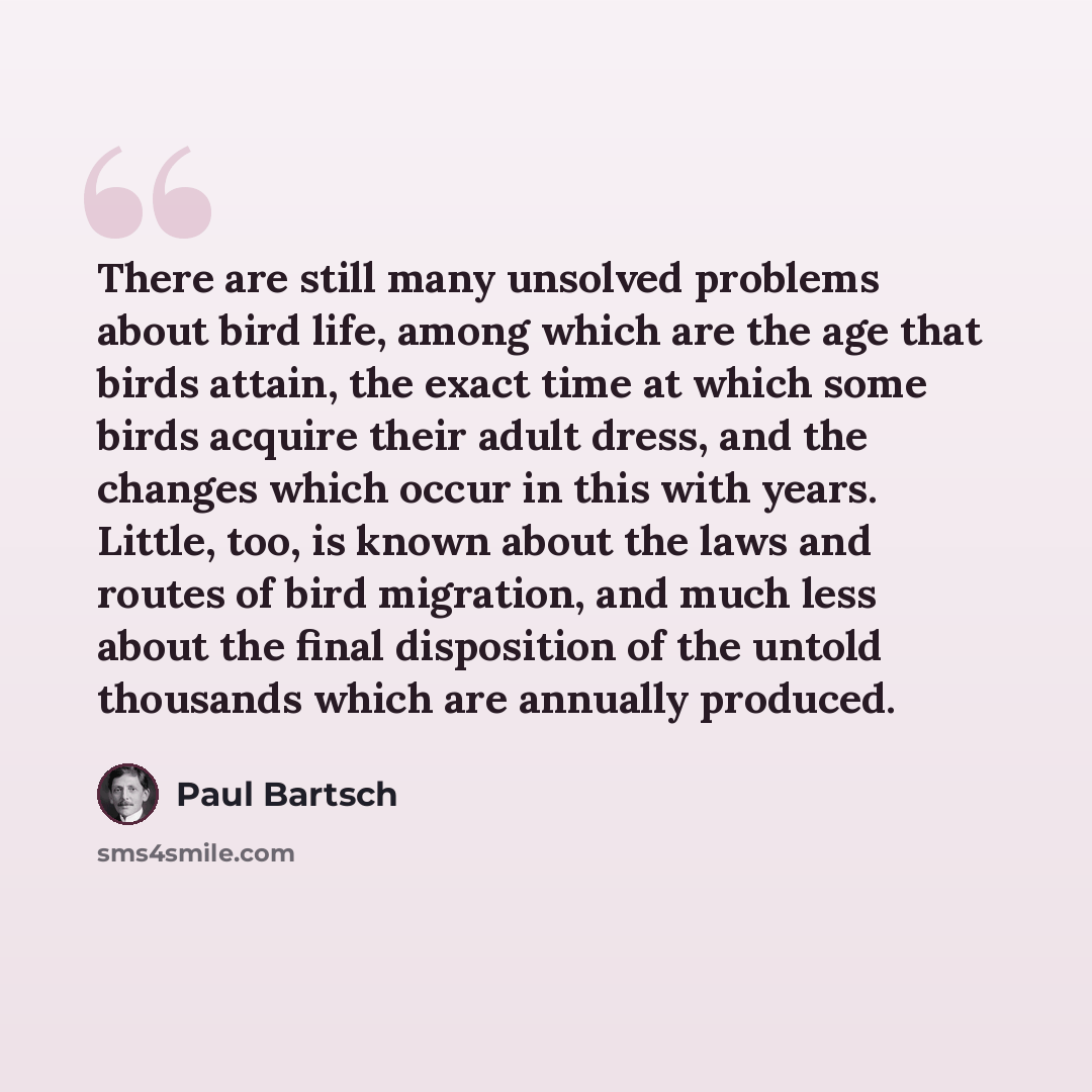 “There are still many unsolved problems about bird life, among which are the age that birds attain, the exact time at which some birds acquire their adult dress, and the changes which occur in this with years. Little, too, is known about the laws and routes of bird migration, and much less about…” quote by Paul Bartsch