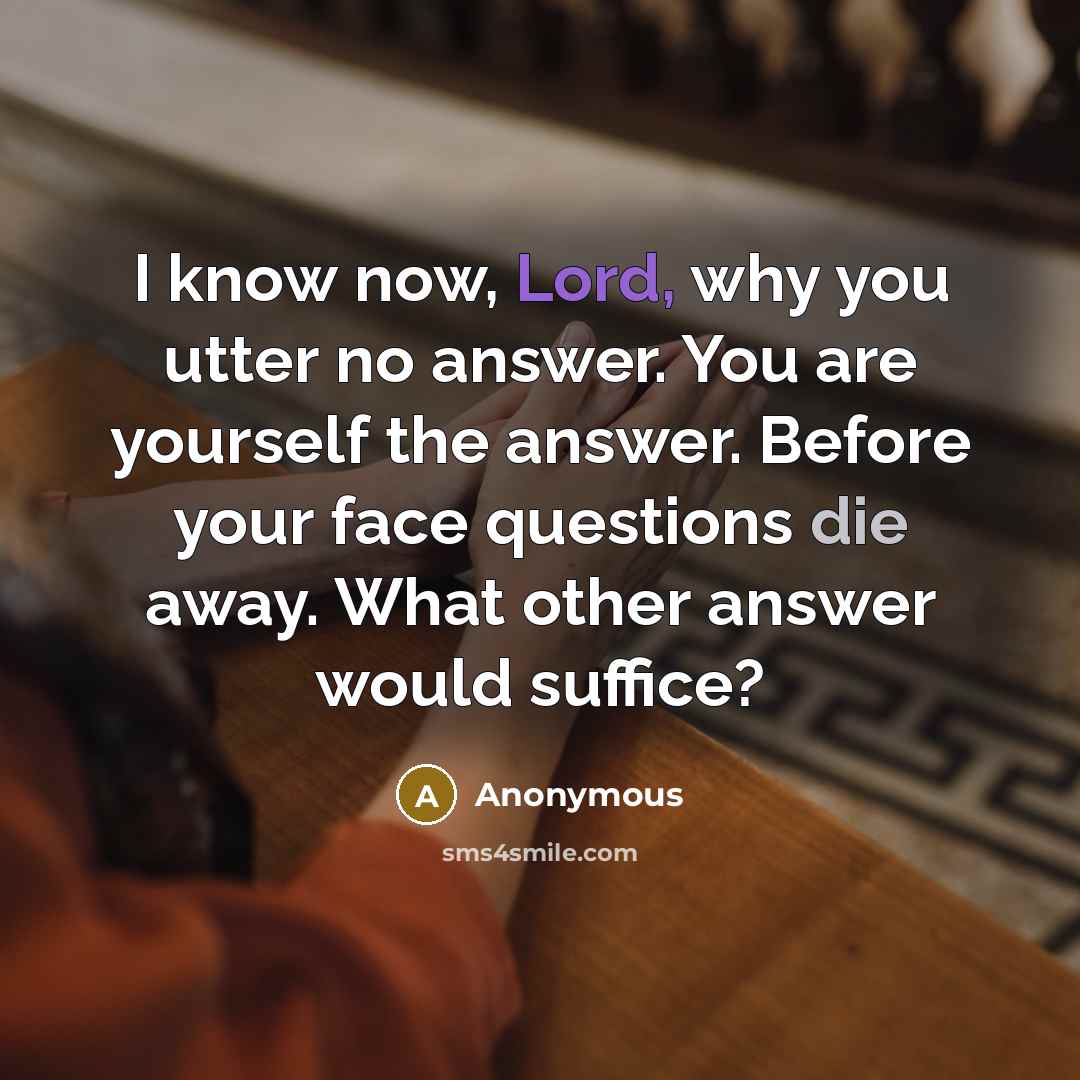 “I know now, Lord, why you utter no answer. You are yourself the answer. Before your face questions die away. What other answer would suffice?” quote by Anonymous