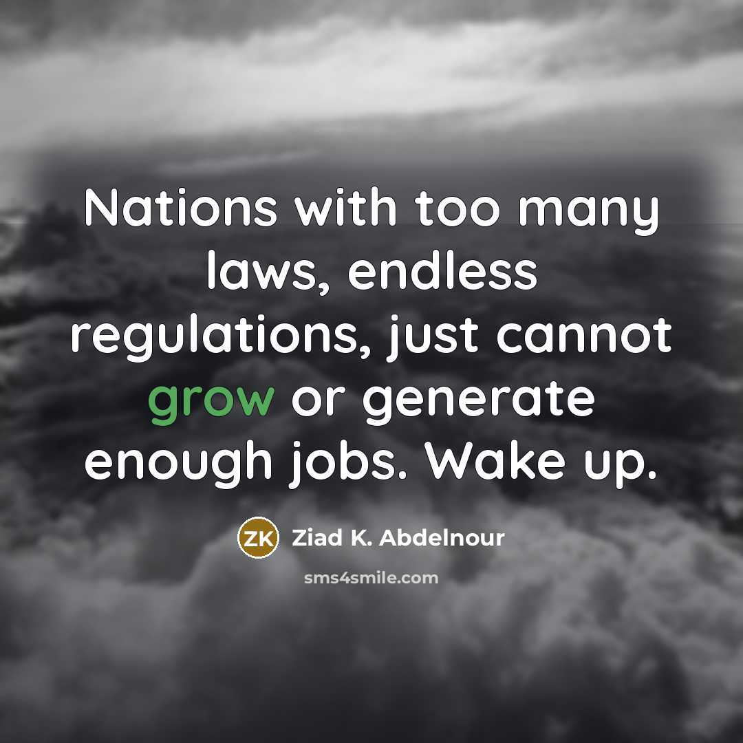 “Nations with too many laws, endless regulations, just cannot grow or generate enough jobs. Wake up.” quote by Ziad K. Abdelnour