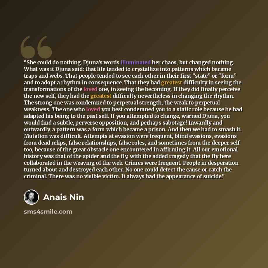“She could do nothing. Djuna’s words illuminated her chaos, but changed nothing. What was it Djuna said: that life tended to crystallize into patterns which became traps and webs. That people tended to see each other in their first “state” or “form” and to adopt a rhythm in consequence. That they…” quote by Anaïs Nin