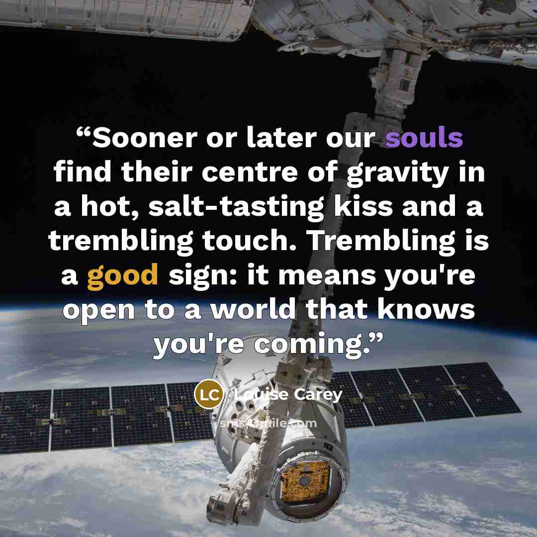 “Sooner or later our souls find their centre of gravity in a hot, salt-tasting kiss and a trembling touch. Trembling is a good sign: it means you're open to a world that knows you're coming.” quote by Louise Carey